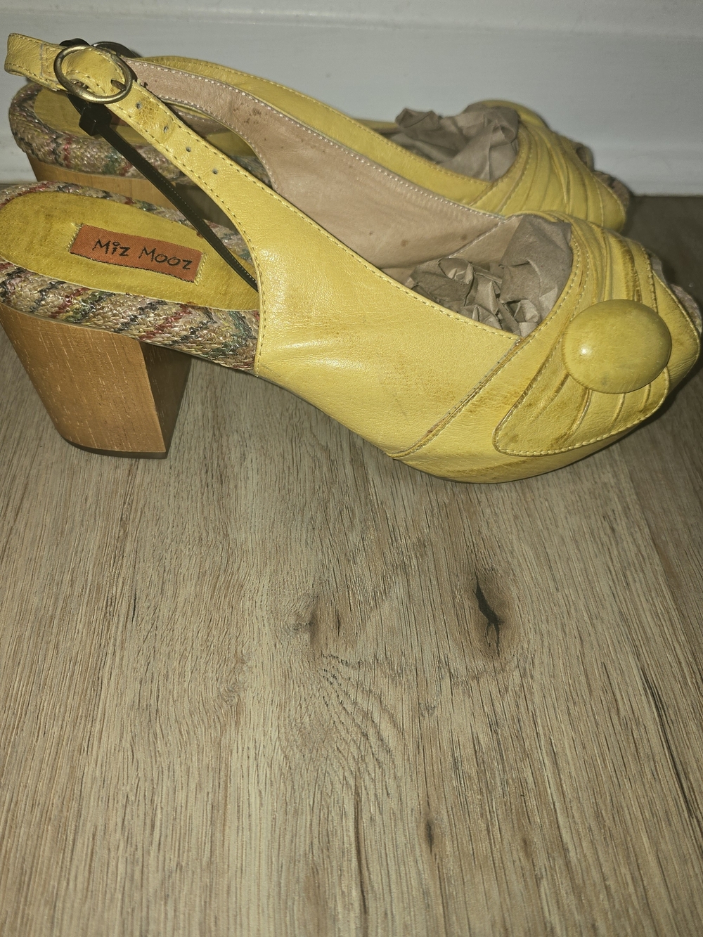 Miz Mooz Violin Mustard Yellow Leather Slingback Block Heels with Button Accent